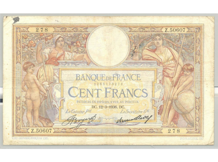 FRANCE 100 FRANCS MERSON SANS LOM SERIE Z.50607 12-3-1936 TB+