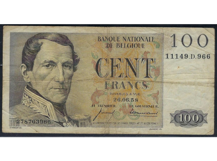 BELGIQUE 100 FRANCS 26.06.58 1958 D.966 TB+