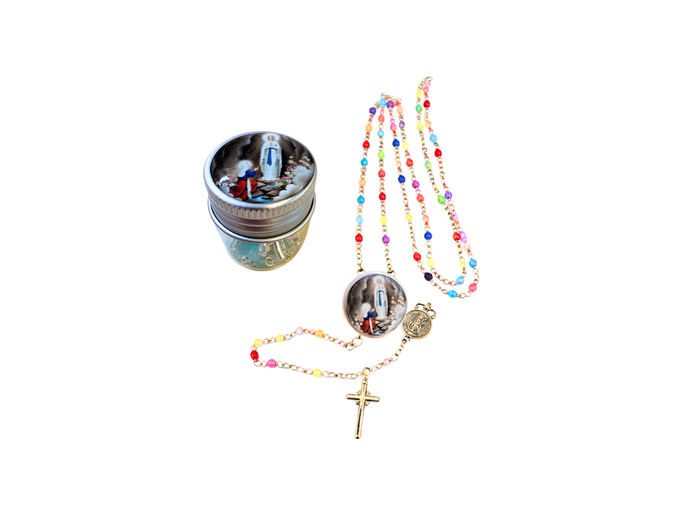 Chapelet Perles verre 2/3mm sur Chaine Argentée - ND de LOURDES