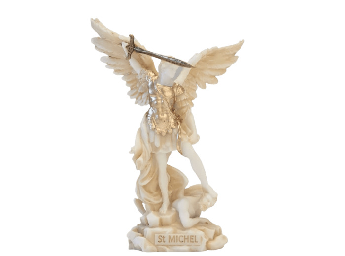 St Michel - Statue en albâtre 24cm -Beige et Or