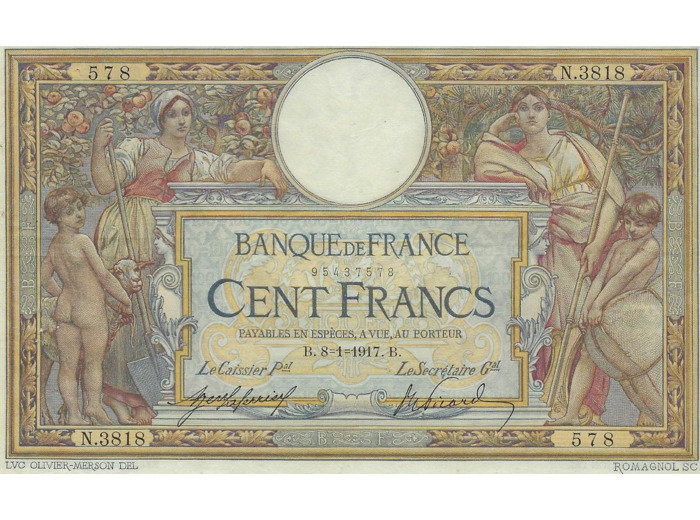 FRANCE 100 FRANCS SERIE N.3818 MERSON 08 01 1917 TTB+
