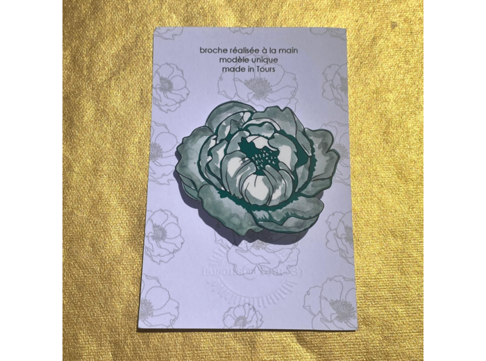 Broche pivoine aquarelle vert pistils pailletés verts
