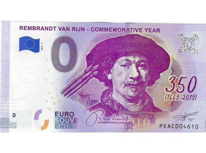 PAYS-BAS 2019-2 REMBRANDT VAN RIJN BILLET SOUVENIR 0 EURO TOURISTIQUE NEUF