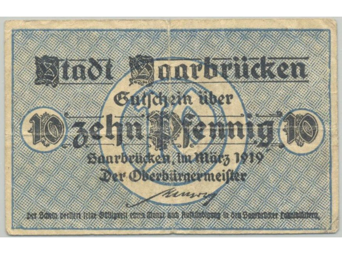 ALLEMAGNE (STADT SAARBRUCKEN) 10 PFENNIG 01-03-1919 TTB