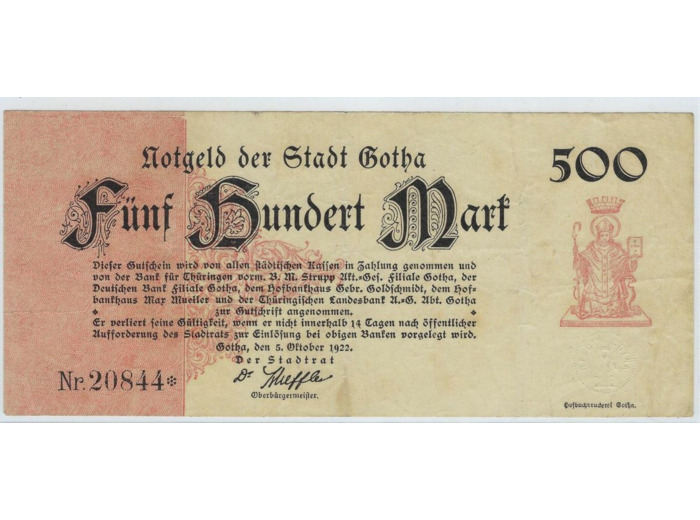 ALLEMAGNE ( GOTHA ) 500 MARK Nr 20844* 05-10-1922 TTB