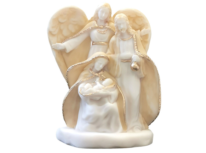 Ste Famille avec Ange Gardien - Statue en albâtre 15cm -Beige et Or