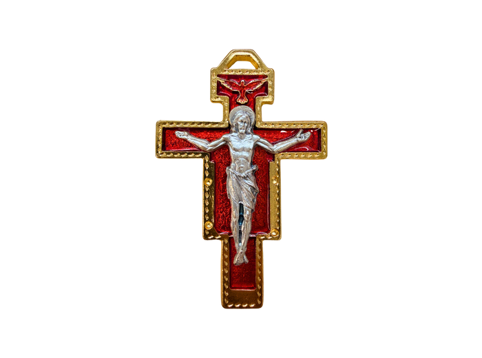 Croix de Saint Damien en Métal Doré avec Résine 8,2cm Rouge