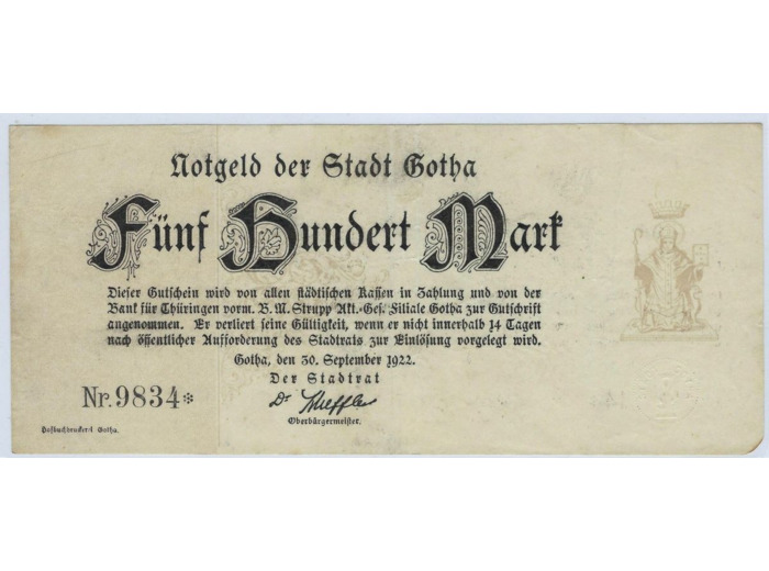 ALLEMAGNE ( GOTHA ) 500 MARK Nr 9834* 30-09-1922 TTB