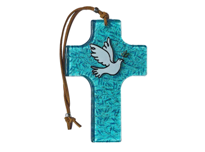 Croix en verre 8x12cm- COLOMBE bleue Fond feuilles