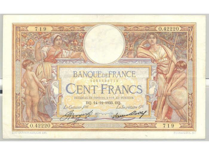 FRANCE 100 FRANCS MERSON SANS LOM SERIE O.42220 14-12-1933 TTB+