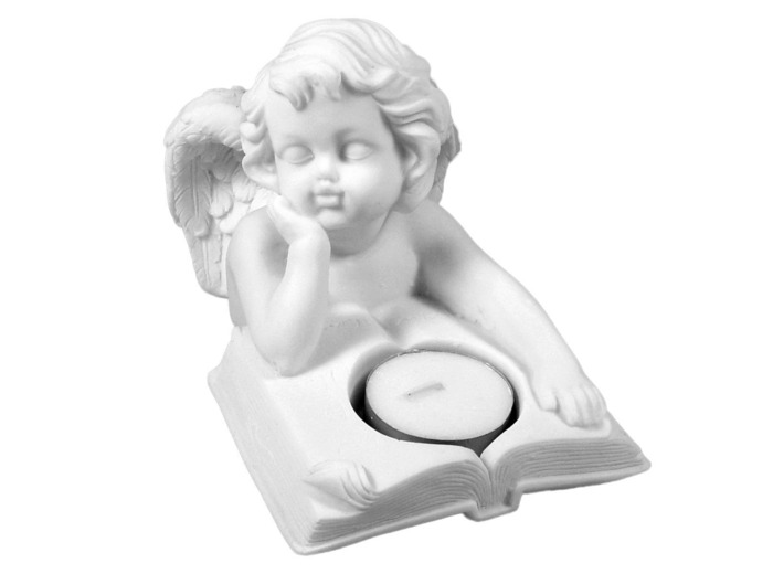 Statue en albâtre 10cm - ANGE AU LIVRE BOUGEOIR Blanc