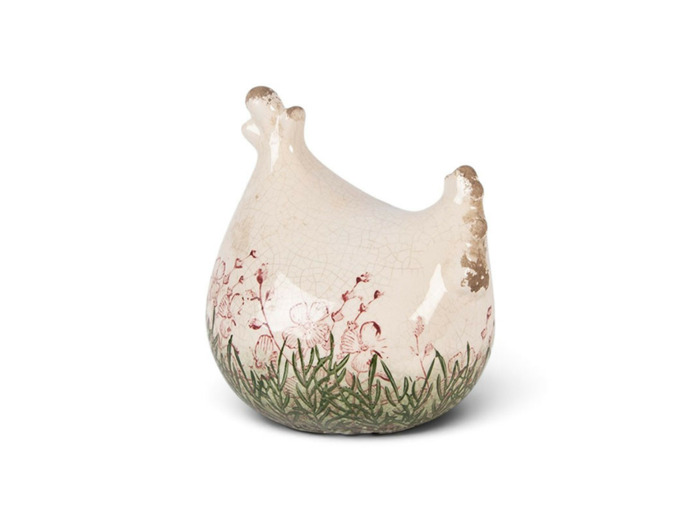 Poulet décoratif céramique beige fleuri 12x11x13cm