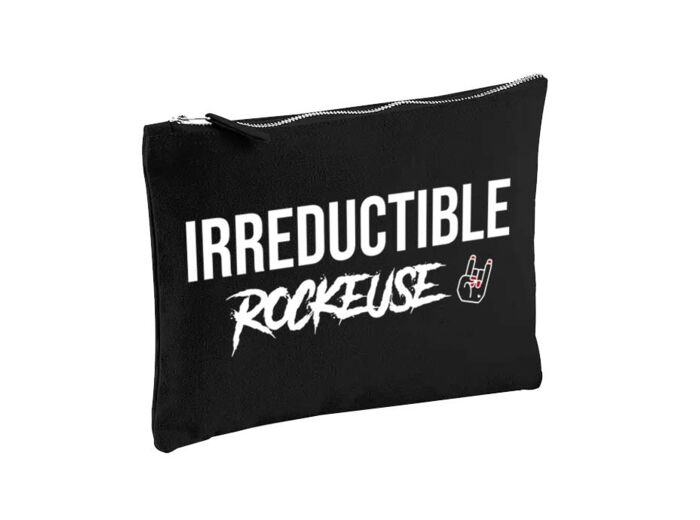 Pochette zippée en coton large - imprimée "Irreductible Rockeuse" noire,