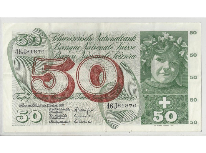 SUISSE 50 FRANCS FRANKEN 07 03 1973 SERIE 46 J 81870 TTB+