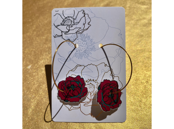 Boucles d'oreilles créoles pivoine coloris lie de vin pailletée vert