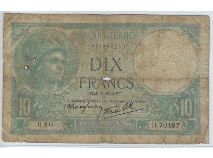 FRANCE 10 FRANCS MINERVE 6-7-1939 SERIE H.70467 TB-
