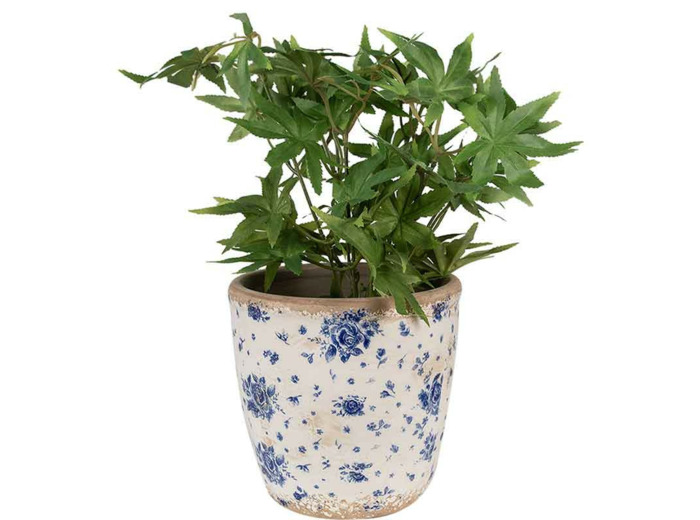 Pot de fleurs céramique beige motif roses bleues 16x16cm