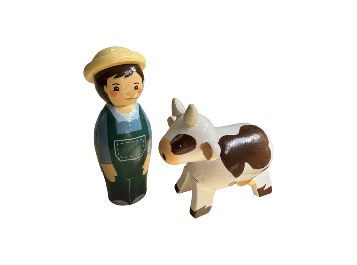 Fermier et vache en bois tourné 10cm + boite