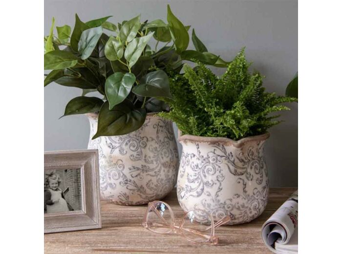 Pot de fleurs motif floral gris 18x17cm