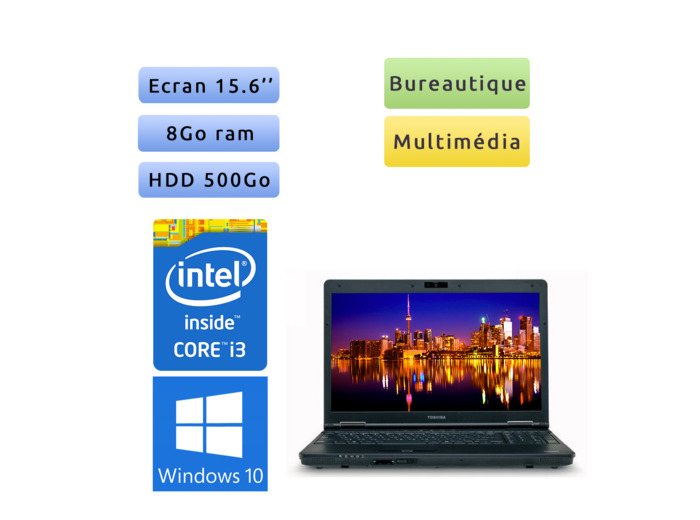 Toshiba Tecra A11 - Windows 10 - i3 8Go 500 Go - Webcam  - 15.6 - Ordinateur Portable