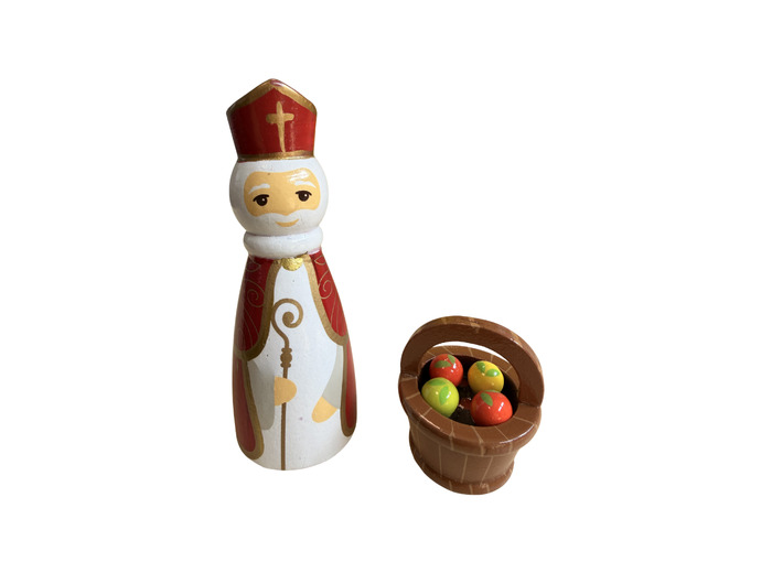 Saint Nicolas et friandises en bois tourné 10cm + boite