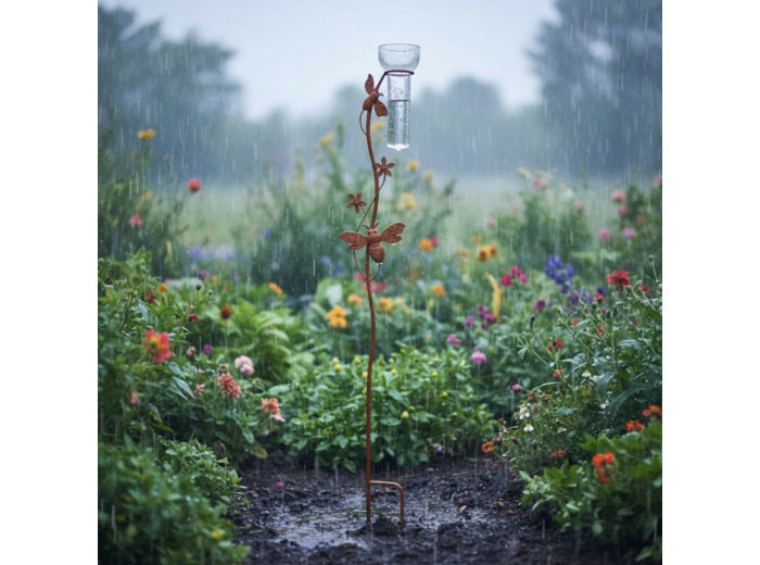 Pluviomètre fer abeilles fleuri 14x6x100cm