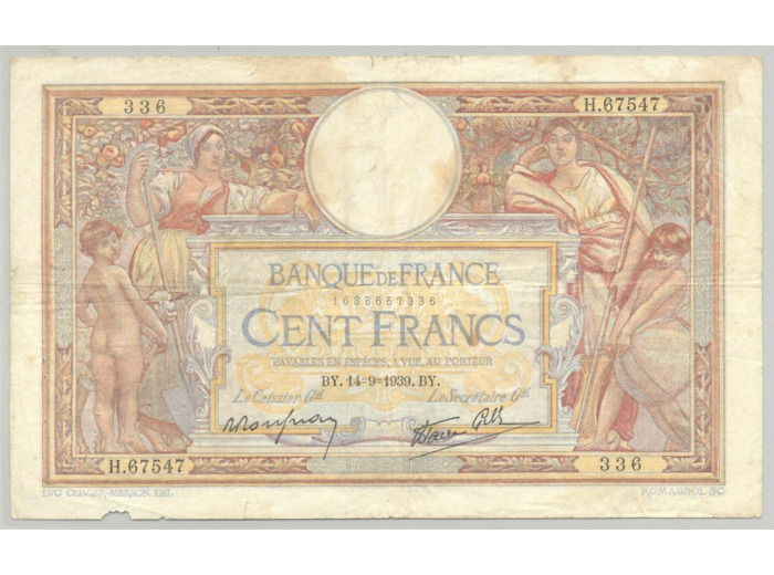 FRANCE 100 FRANCS MERSON SANS LOM SERIE H.67547 14-9-1939 TB+