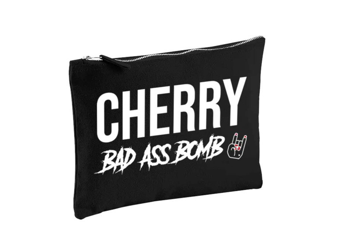Pochette zippée en coton large - imprimée "Cherry Bad Ass Bomb" noire,