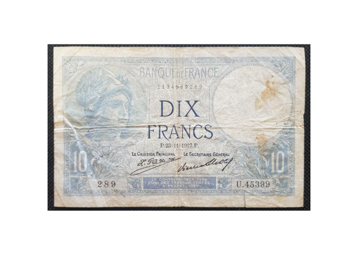 FRANCE 10 FRANCS MINERVE 23-11-1927 SERIE U.45399 TB+ F 06/12a