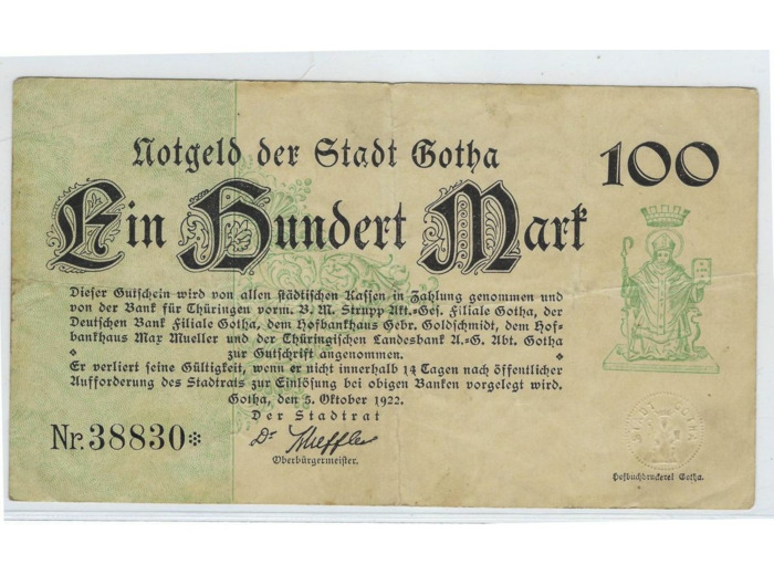 ALLEMAGNE ( GOTHA ) 100 MARK Nr 38830* 05-10-1922 TTB