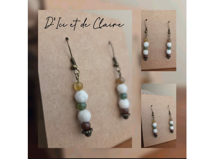 Boucles d'oreille pierres naturelles et double perle en cachemire de Touraine