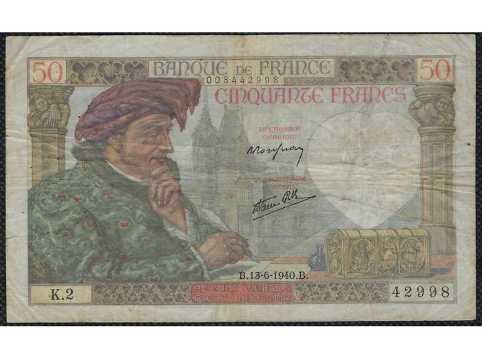 FRANCE 50 FRANCS JACQUES COEUR 13-6-1940 K.2 TB+