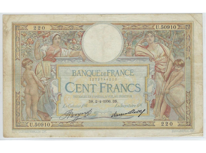 FRANCE 100 FRANCS MERSON SANS LOM 2-4-1936 U.50910 TTB