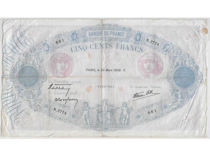 FRANCE 500 FRANCS BLEU ET ROSE N.2774 24 mars 1938 TB