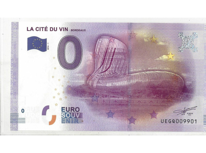33 BORDEAUX 2016-1 LA CITE DU VIN  BILLET SOUVENIR 0 EURO TOURISTIQUE NEUF
