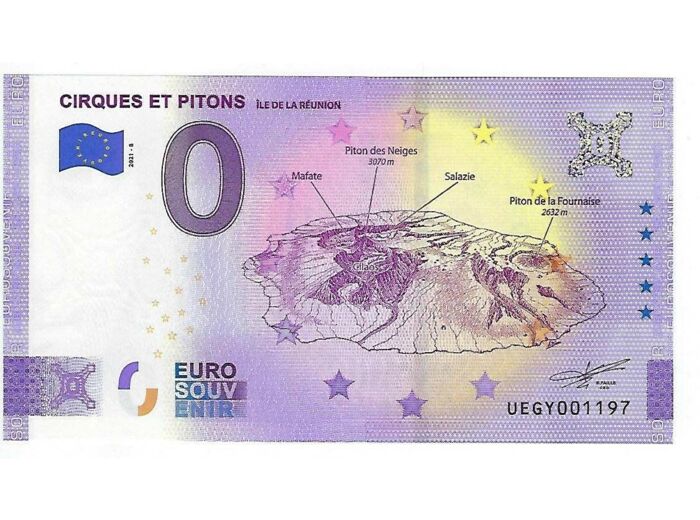 974 ILE DE LA REUNION 2021-8 CIRQUES ET PITONS BILLET SOUVENIR 0 EURO NEUF