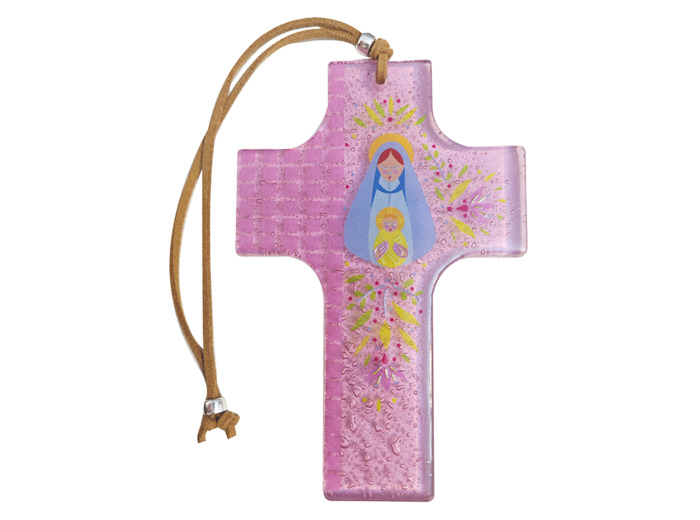 Croix en verre 8x12cm- VIERGE et ENFANT crayonnés