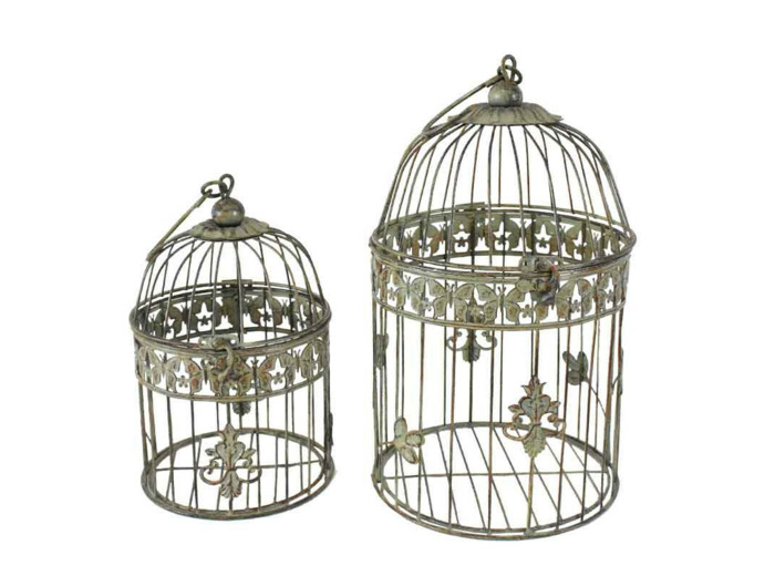 Ensemble 2 Cages Décoratives Ronde à Suspendre en Métal Vert Patiné 19x40cm