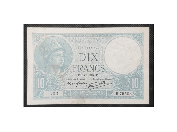 FRANCE 10 FRANCS MINERVE 14-11-1940 SERIE R.79503 307 TTB F 07/20