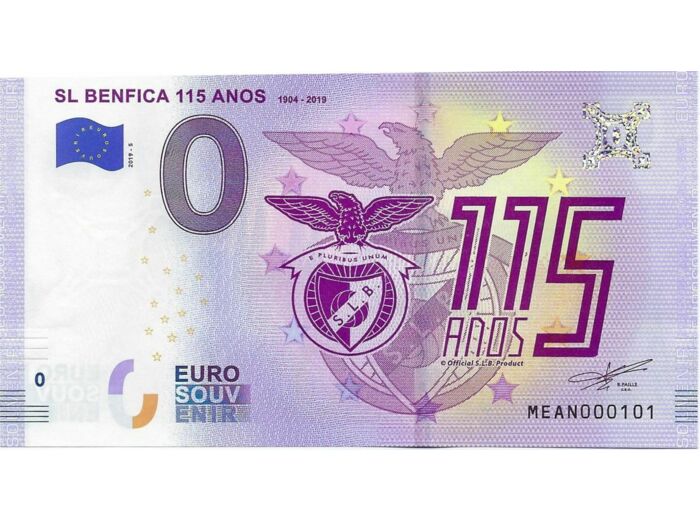PORTUGAL 2019 -5 SL BENFICA 115 ANOS 0 EURO BILLET SOUVENIR TOURISTIQUE  NEUF