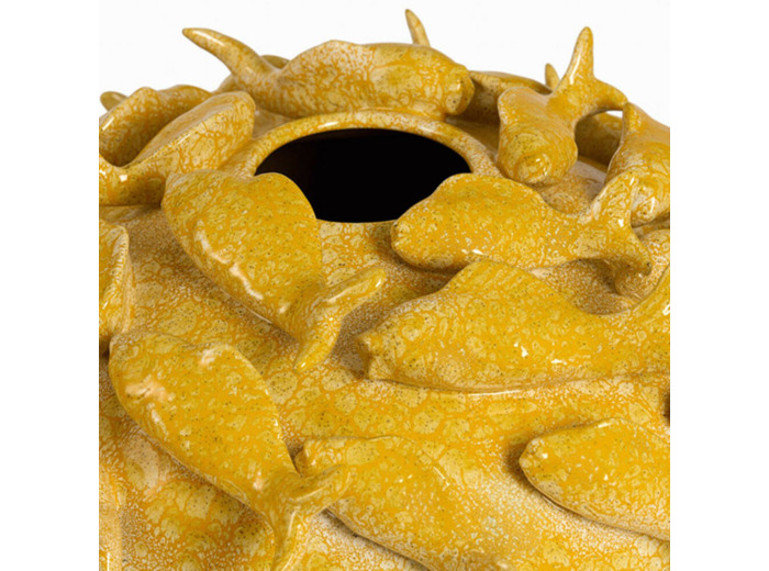 Vase Sculpture Banc de Poissons en Céramique Jaune 40x27cm