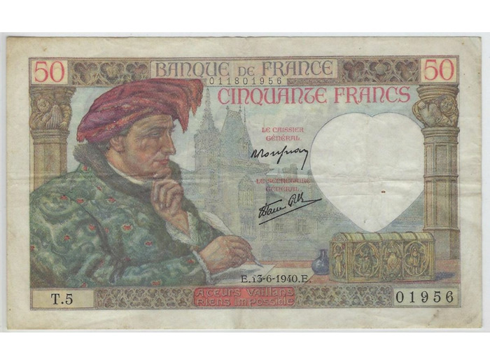 FRANCE 50 FRANCS JACQUES COEUR 13-6-1940 SERIE T.5 TTB