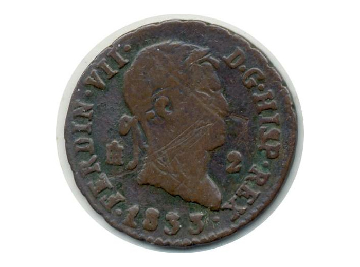ESPAGNE 2 MARAVEDIS 1833 SEGOVIE FERDINAND VII TB+ (W487.1)