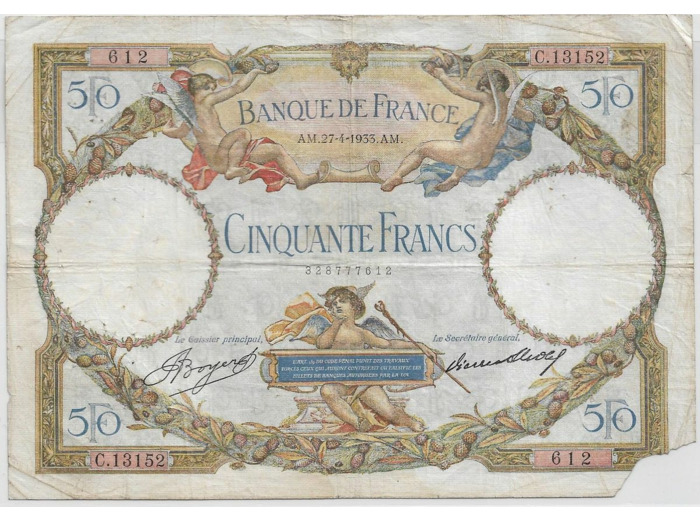 FRANCE 50 FRANCS L.O. MERSON SERIE C.13152 27-4-1933 B+