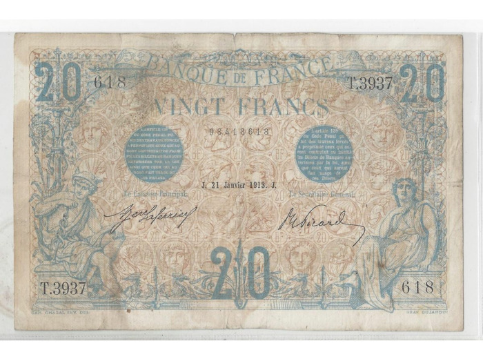 FRANCE 20 FRANCS BLEU 21-1-1913 T.3937 TB+