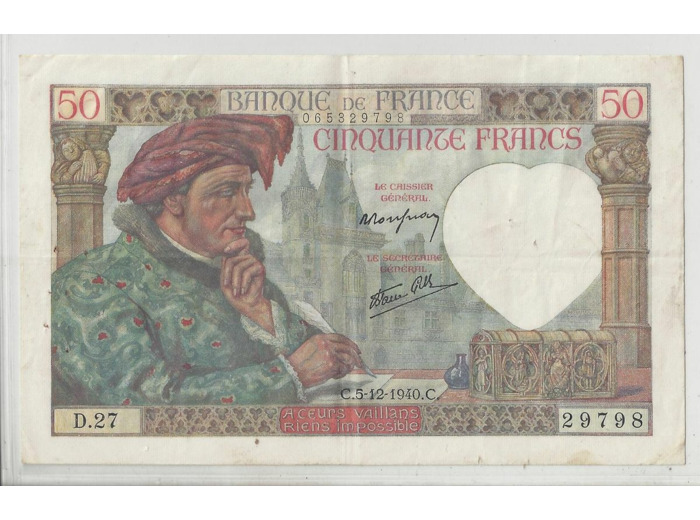 FRANCE 50 FRANCS JACQUES COEUR 5-12-1940 D.27 TTB