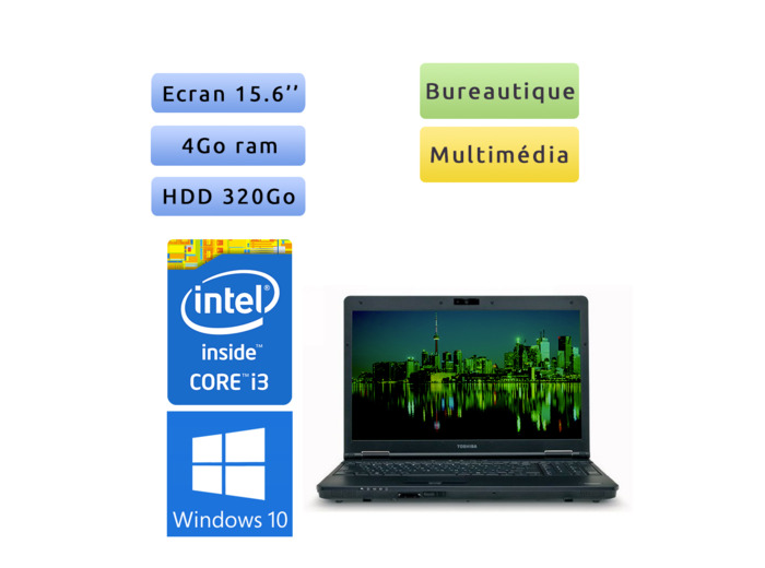 Toshiba Tecra A11 - Windows 10 - i3 4Go 320 Go - Webcam  - 15.6 - Ordinateur Portable