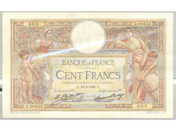 FRANCE 100 FRANCS MERSON SANS LOM SERIE Q.20555 14-2-1928 TTB+
