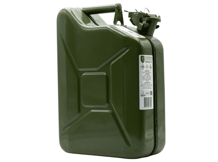 Jerrican essence 10 litres robuste OTAN, remplissage sûr et rapide