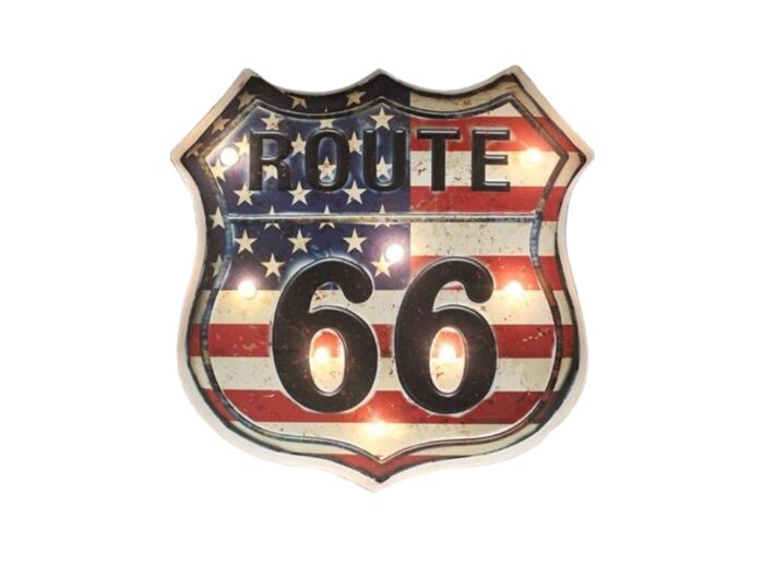 Plaque métal type Enseigne Lumineuse Route 66 - Drapeau Américain